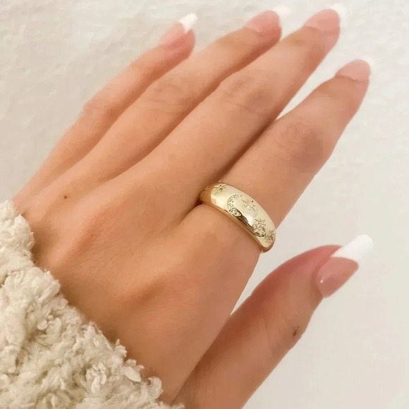 925 Sterling Silver Dainty Gold Moon & Star Dome Ring Minimalist Ring Band - Picture 6 of 8